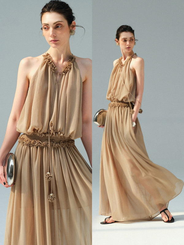 Textured Chiffon Ruffle-Trim Halter Sleeveless Maxi Dress