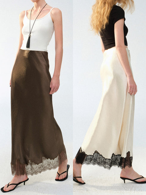 Acetate Satin Bias-Cut Lace Hem Midi Skirt – Luxury Fluid Draped Slip Skirt