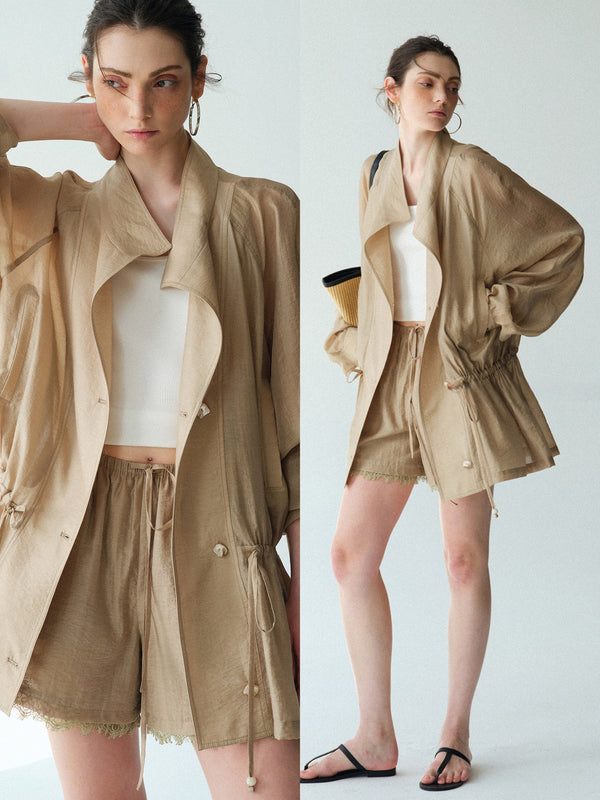 Relaxed Sheer Drawstring Waist Jacket in Cool Acetate-Lyocell Blend
