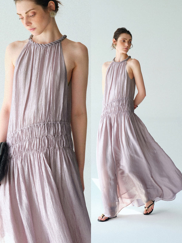 Pearlescent Acetate Braided Halter Maxi Dress – Hand-Smoked Sleeveless Resort Gown