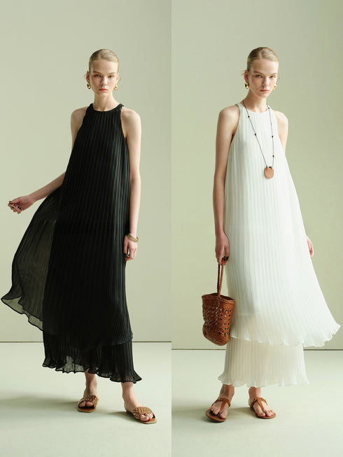 Pleated Halter Maxi Dress – Sculptural Accordion Pleats Double-Layer Ruffle Hem Summer Dress