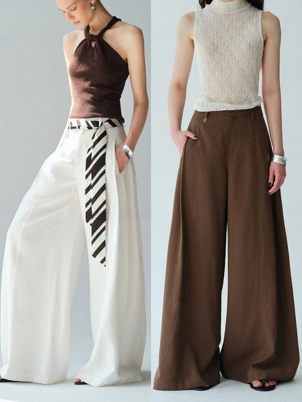 Urban Intellect Linen-Blend Double-Pleated Wide-Leg Trousers with Striped Silk Scarf