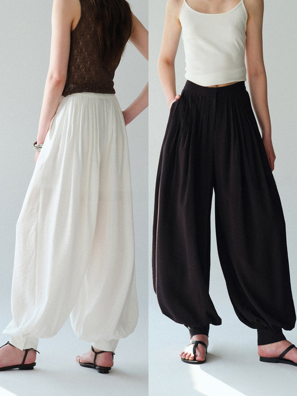 Draped Pleated Balloon Trousers – Convertible Wide-Leg Cuffed Pants