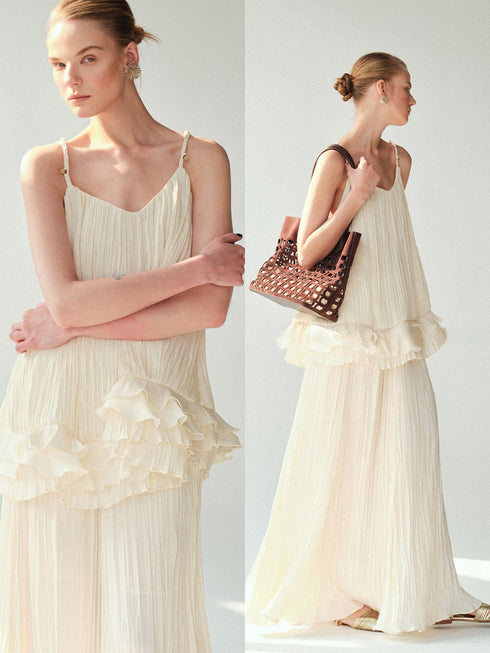 Pearlescent Crinkled Silk-Feel Camisole & A-Line Maxi Skirt Set – Braided V-Neck Resort Occasion Ensemble