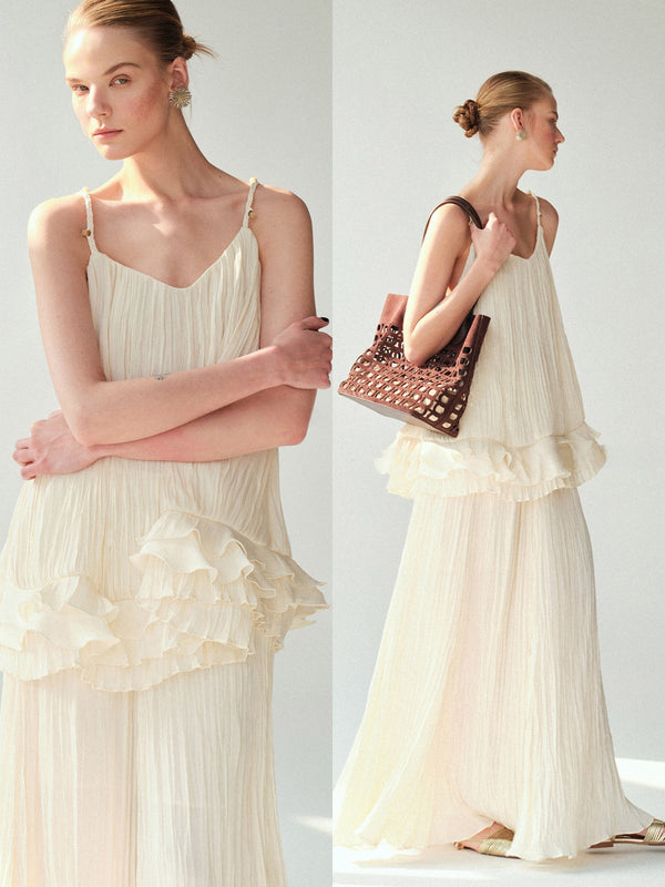 Pearlescent Crinkled Silk-Feel Camisole & A-Line Maxi Skirt Set – Braided V-Neck Resort Occasion Ensemble