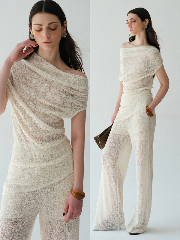 Heavy Lace Sheer Off-Shoulder Draped Top & Straight Micro-Flare Pants Set – Convertible Two-Way Statement Ensemble