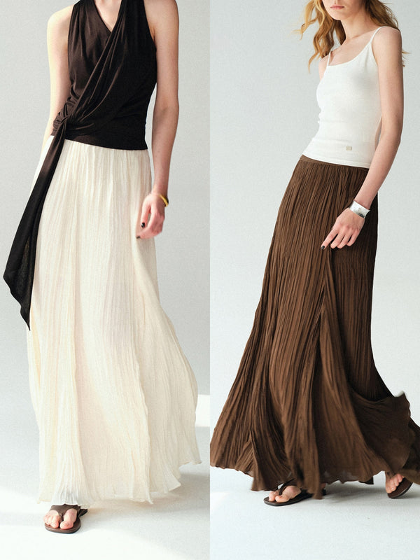 Soft-Lustre Island Silk Pleated Maxi Skirt – Irregular A-Line Resort Skirt in White