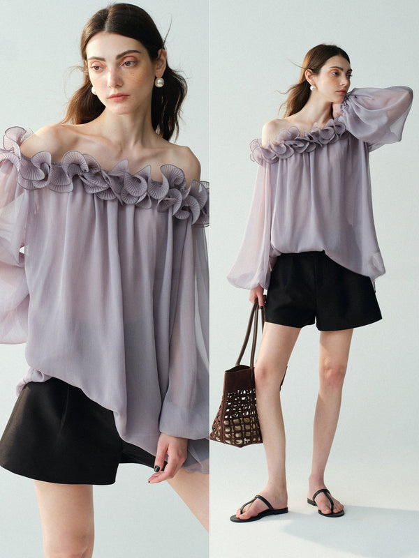 Cupro-Blend 3D Floral Off-Shoulder Blouse – Sheer Lantern Sleeve Couture Top