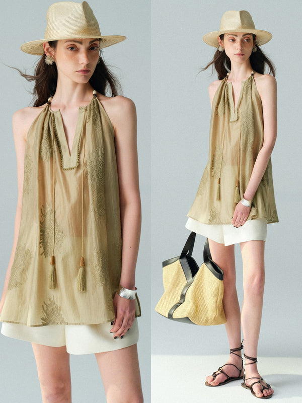 Lyocell Embroidered Tassel Halter Top – Lace-Trim Sleeveless Draped Blouse