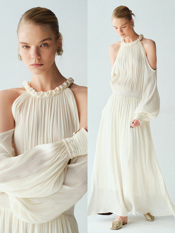 Luminous Muse Glossy Island Silk Halter Neck Cutout-Shoulder Pleated Maxi Dress