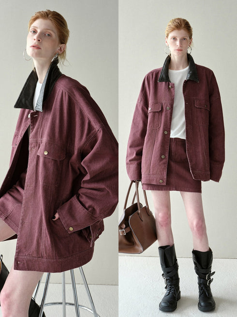 Vintage Barn-Style Washed Denim Jacket with Leather Collar – Heavyweight Distressed Workwear Coat