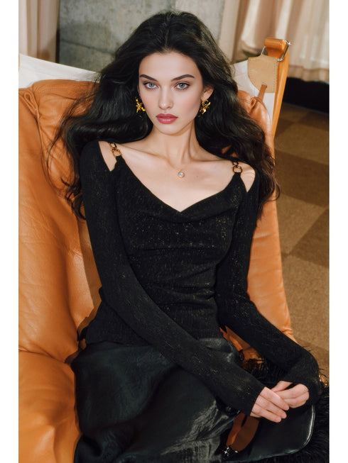 Women’s Starry Sea Luster Knit Top – Draped Neckline, Textured Pleating & Metal Chain Slim Fit