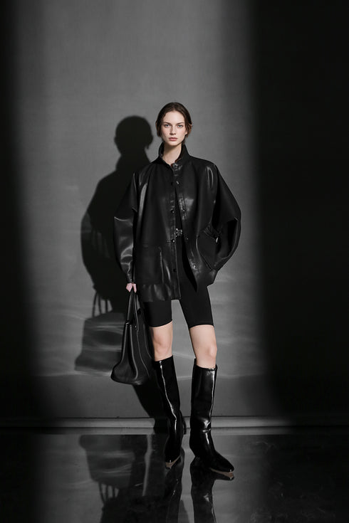Chic Oversized Leather Jacket for Women – Premium Lambskin Commuter Coat with Large Pockets, Autumn Fashion