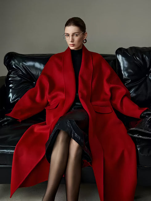 High-End Hepburn-Style Red Wool Coat for Women | Elegant Vintage Double-Faced Wool Overcoat for Christmas