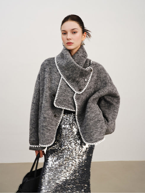 Women's Short Wool Reversible Coat | Premium Grey Cashmere Overcoat