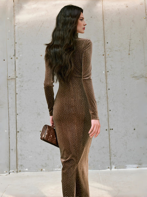 Sparkling Rhinestone Silver-Thread Dress – Geometric Asymmetric Ruched Waist Fitted Bodycon Dress for Women