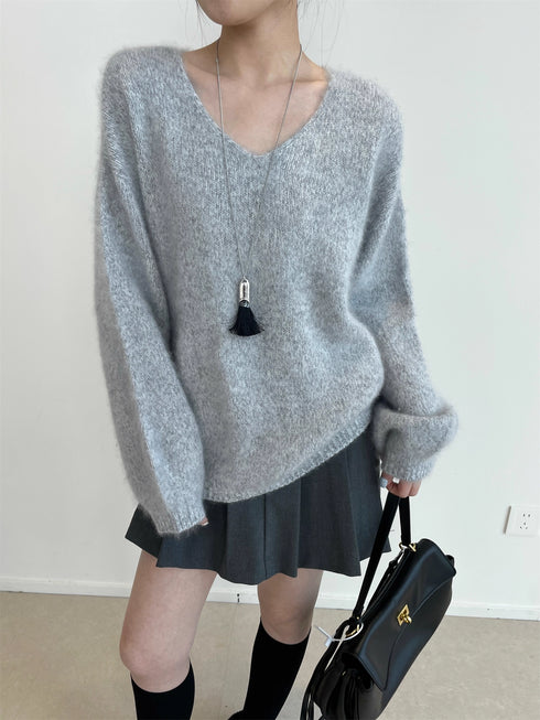 Women’s 100% Wool Brushed Knit Sweater | Seamless Two-Tone V-Neck Pullover with Soft Fuzzy Texture