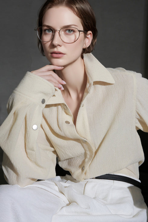 Old Money Style Wool Textured Shirt for Women – Luxury Fitted Button-Up Blouse with Metal Details, Fall Winter Collection