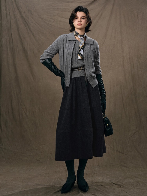 Hepburn-Style Heavy Wool Structured A-Line Midi Skirt for Women with Elastic Waist