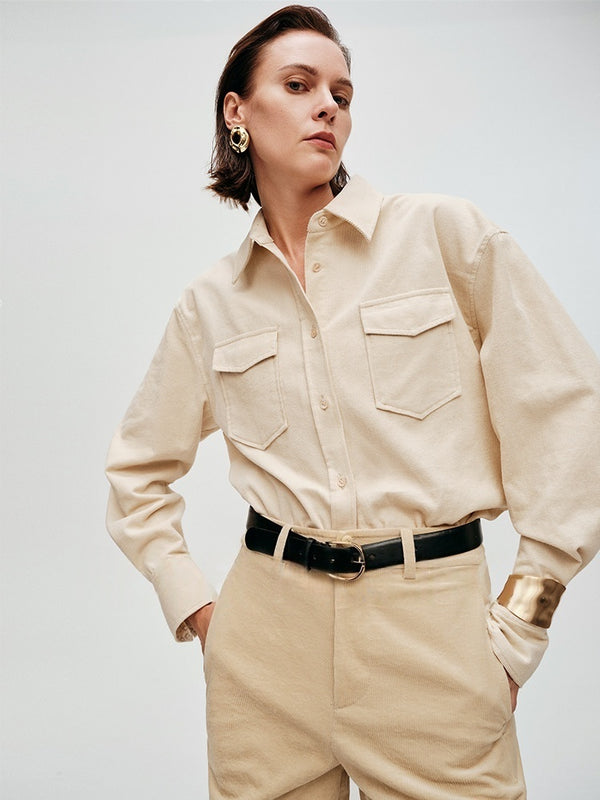 Vintage Retro Cotton Corduroy Blouse | Original Paisley Print Long-Sleeve Collared Shirt for Women