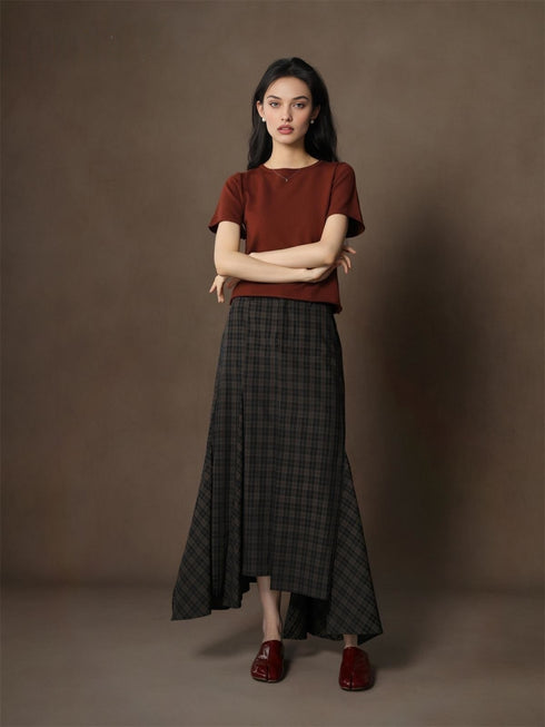 Designer Autumn Old Money Style Asymmetrical Fish Tail Plaid Midi Skirt - Lightweight Long-Length