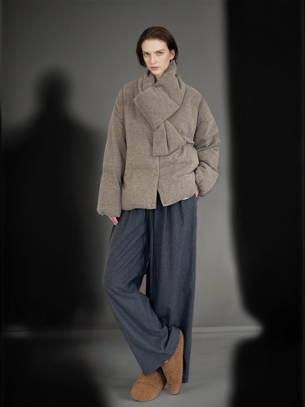 Women’s Ultra-Light Wool Yak Blend Down Jacket | 90% White Duck Down Warm Puffer Coat with Scarf Design