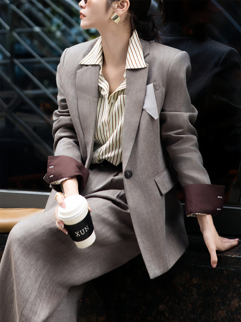 Vintage Old Money Style Fashion Set | Autumn High-End Linen Blazer Shirt & Trousers Two-Piece Outfit