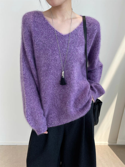 Women’s 100% Wool Brushed Knit Sweater | Seamless Two-Tone V-Neck Pullover with Soft Fuzzy Texture