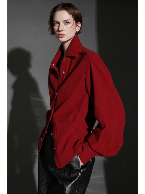 Old Money Style Wool Textured Shirt for Women – Luxury Fitted Button-Up Blouse with Metal Details, Fall Winter Collection