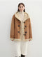 Color-Contrast Shearling Hooded Coat for Women — Mid-Length Faux Sheepskin Jacket with Raw-Edge Trim