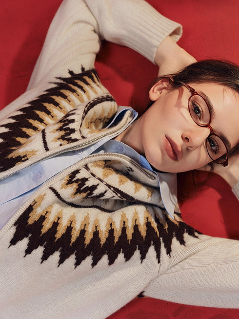 100% Wool Fair Isle Zip-Up Sweater for Women – Winter Knitted Cardigan