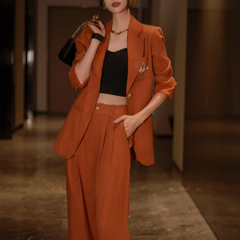 Linen Retro Loose Suit+Wide-leg Pants Commuter Two-piece Set