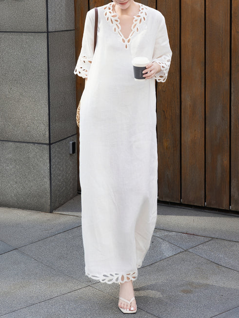 Autumn Linen Lace V-Neck Casual Maxi Dress with Relaxed Fit & Matching Suspender Skirt