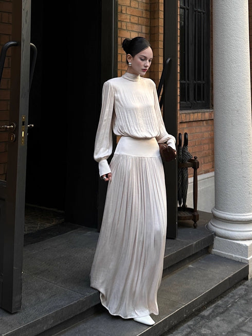 French-Style Satin Ruched Long-Sleeve Maxi Dress for Women – Elegant Pleated Evening-Inspired Fall Outfit