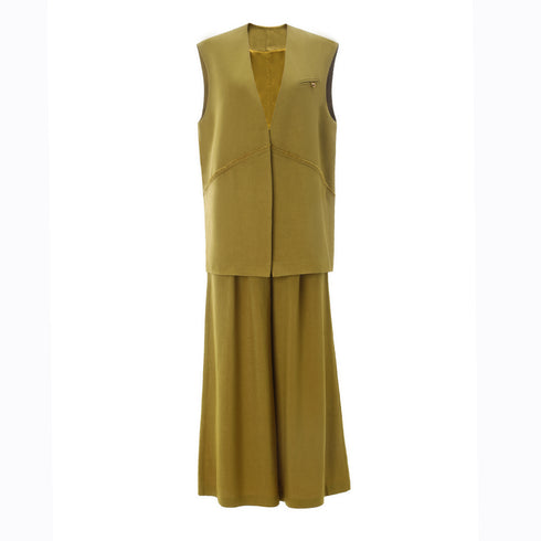 Mustard Yellow Acetate Vest + Wide-Leg Pants Two-Piece Set