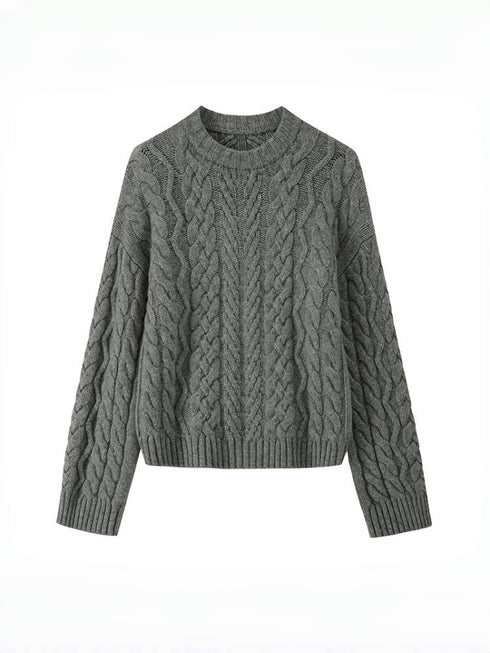 Retro Green Wool Cable Knit Sweater – Loose Christmas Pullover for Women, Autumn Winter Outfit
