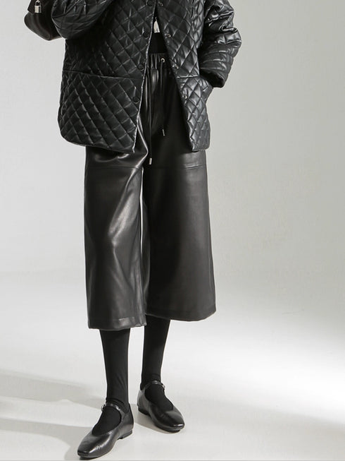 Women’s Genuine Sheepskin Culottes | Cropped Wide-Leg Leather Pants with Elastic Waist, Casual Office Style