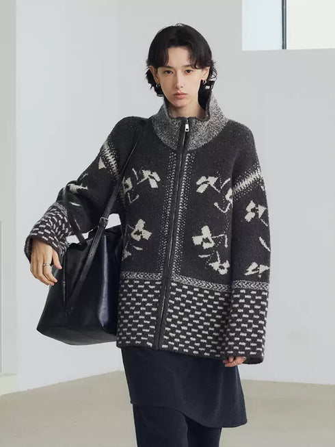 Women’s Wool-Blend Fair Isle Geometric Knit Sweater Jacket – Vintage Stand Collar Fall Winter Cardigan