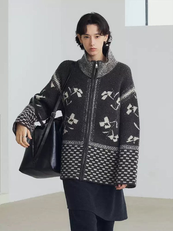 Women’s Wool-Blend Fair Isle Geometric Knit Sweater Jacket – Vintage Stand Collar Fall Winter Cardigan