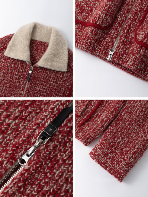 Women's Pure Cashmere Vintage Marled Zip-Up Cardigan – Relaxed Stand-Collar Knit Sweater