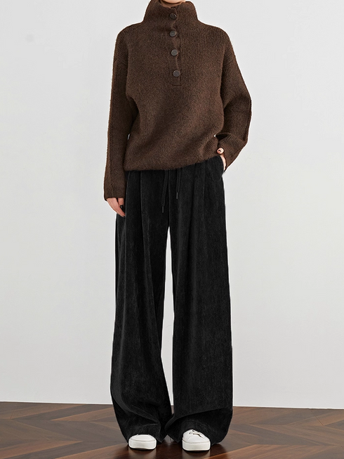 Women's Dark Gray Velvet Wide-Leg Pants – Extended Fall/Winter Chenille Casual Lounge Floor-Length Trousers with Draped Fit