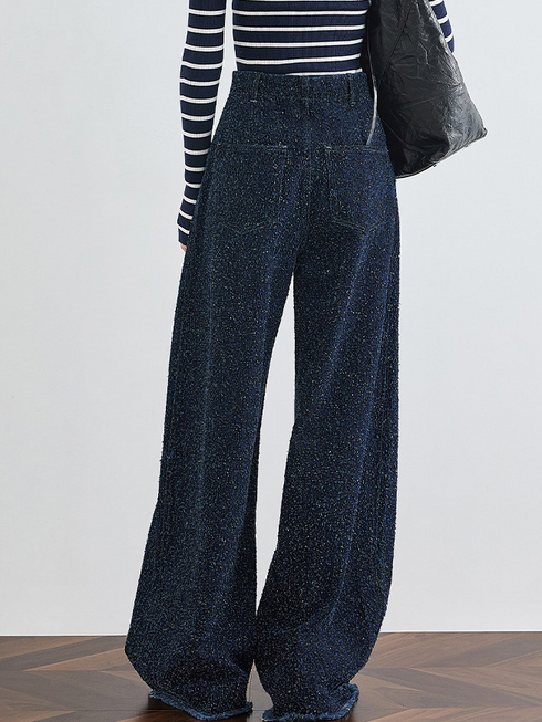 Women's Dark Blue High-Waist Wide-Leg Jeans – Extended Length Frayed Hem Floor-Length Denim Pants for Tall