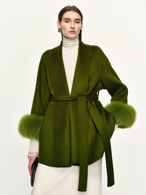 20% Cashmere Double-Faced Wool Coat for Women – Short Vintage Green Overcoat with Fox Fur Cuffs