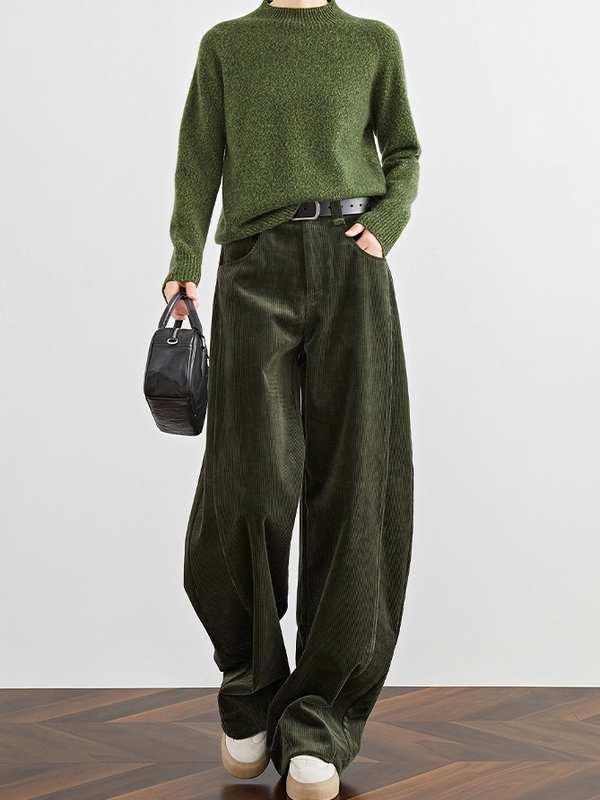Women's Vintage Hong Kong Style Green Corduroy Wide-Leg Winter Pants – Thick Fleece Lined Slanted Cut Trousers