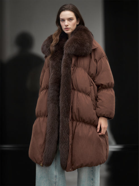 Women’s Mid-Length Down Coat with Fox Fur Hood | 90% White Goose Down Winter Jacket