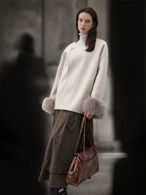 Women’s Short Double-Faced Wool Coat with Fox Fur Cuffs | Loose Fit Alpaca Blend Jacket