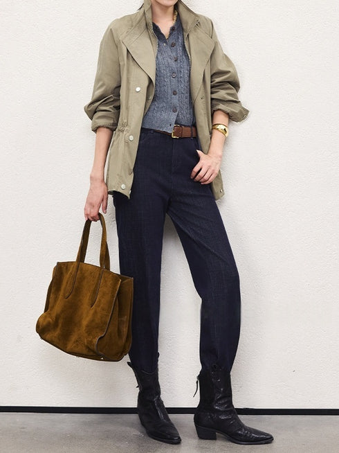Autumn Retro High-Density Cotton Drawstring Dual-Collar Utility Jacket