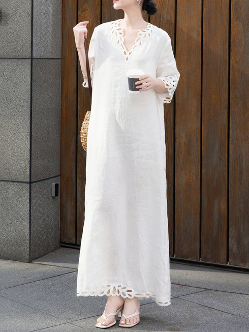 Autumn Linen Lace V-Neck Casual Maxi Dress with Relaxed Fit & Matching Suspender Skirt