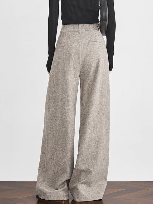 Women's Oatmeal Wide-Leg Wool Trousers – Premium Draped Wool-Blend Suit Pants for Winter