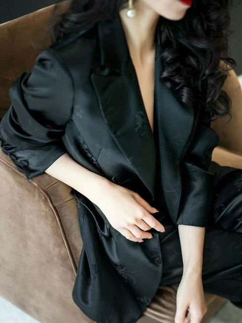 Acetate Fiber Jacquard Loose Suit Jacket + Wide-Leg Pants Old Money Style Two-Piece Set